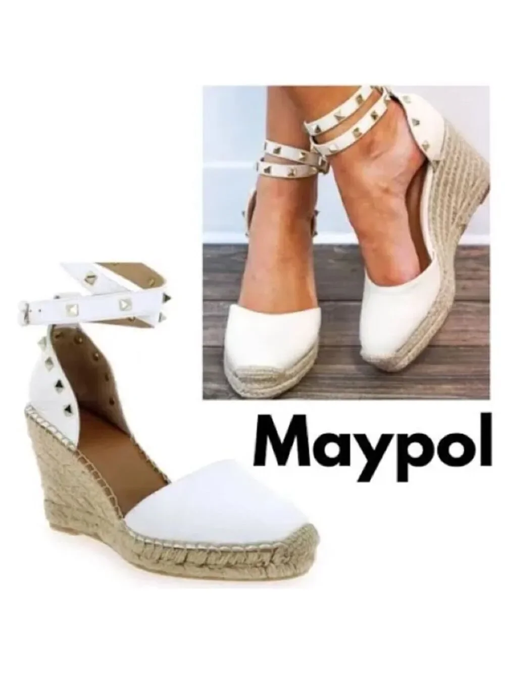 Anthropologie Maypol White Studded Ankle-Strap Wedge Espadrilles Sz 9M